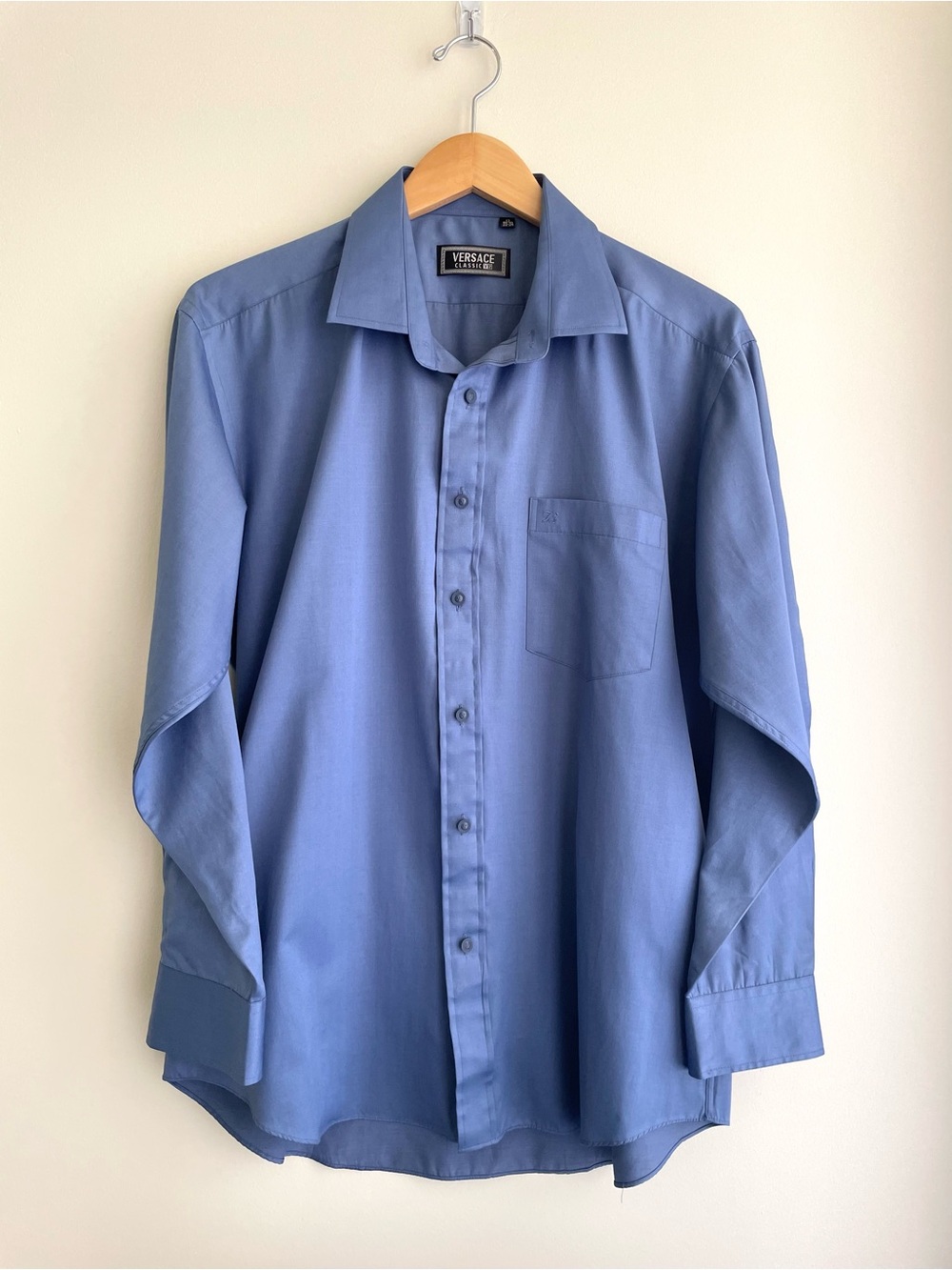 Versace V2 Men's Satin Sheen Blue Button-Up Dress Shirt